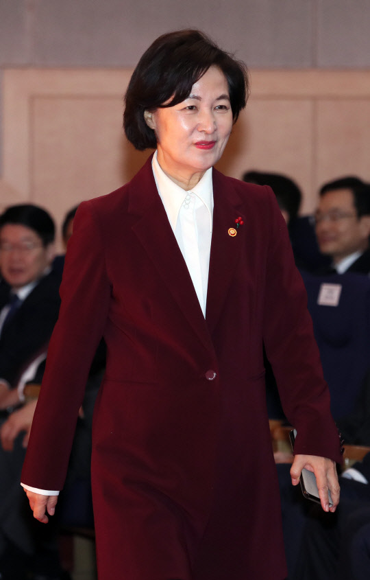 추미애 법무부 장관이 2일 오전 정부 정부서울청사에서 열린 2020년 정부 시무식에 입장하고 있다.    연합뉴스